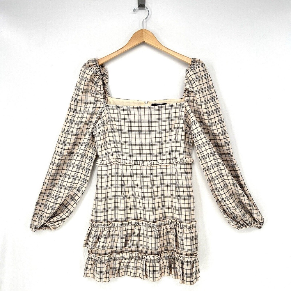 Forever 21 Dress Women SIze M Ruffle Beige Gray‎ Plaid Long Bubble Sleeve Mini